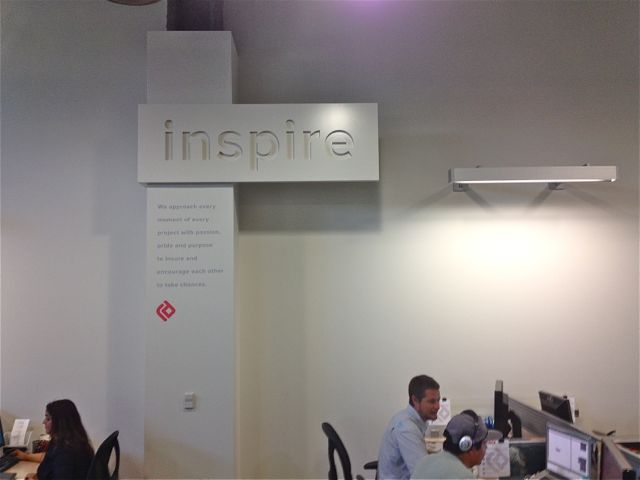 One of their values, Inspire, is noted on the wall, along with key descriptors. Photo by J. Jeff Kober.
